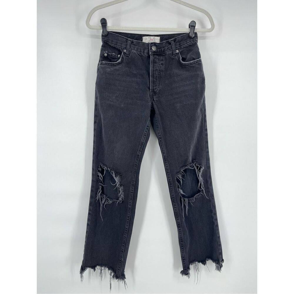 Free People We The Free Lasso Jeans Destroyed Open Knee Black Button Fly Size 24